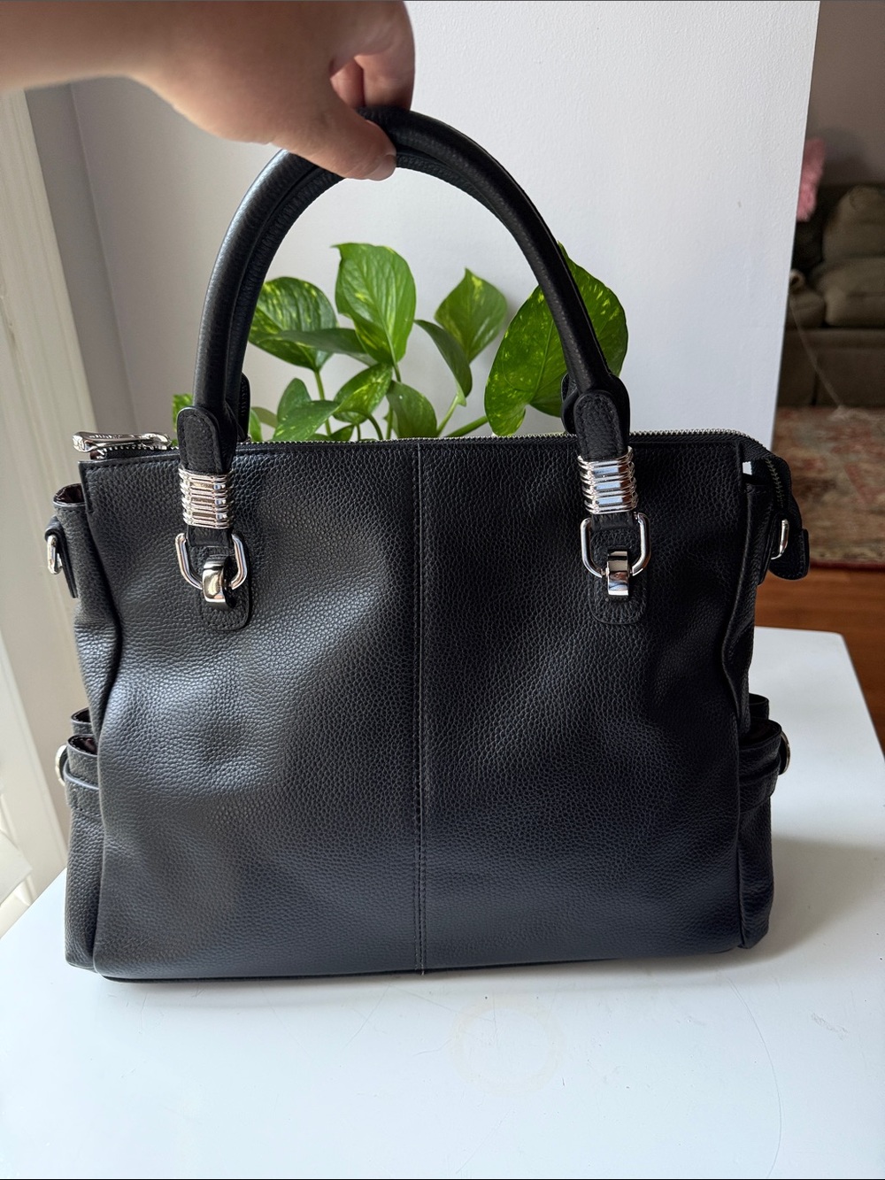 S-Zone Structured Black Pebbled Leather Satchel/Crossbody with Silver Accents